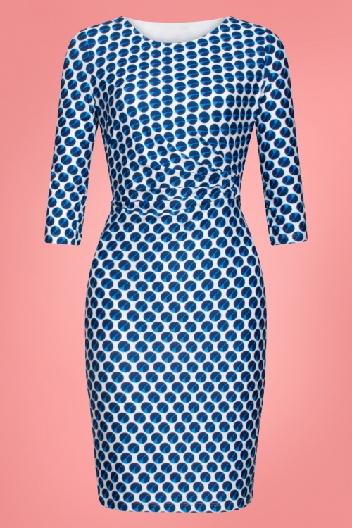 Smashed Lemon - 60s Carole Dots Pencil Dress in Blue and White 2
