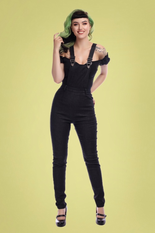 Collectif Clothing - 50s Becca Plain Denim Dungarees in Black 2