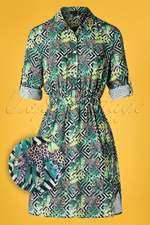 Smashed Lemon - 60s Dawn Leopard Blouse Dress in Green 2