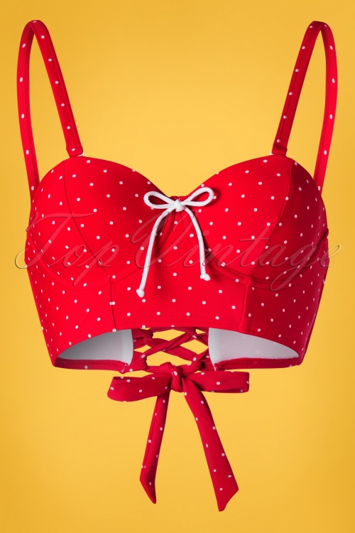 Unique Vintage - Katy Pin Dot crop zwemtop in rood