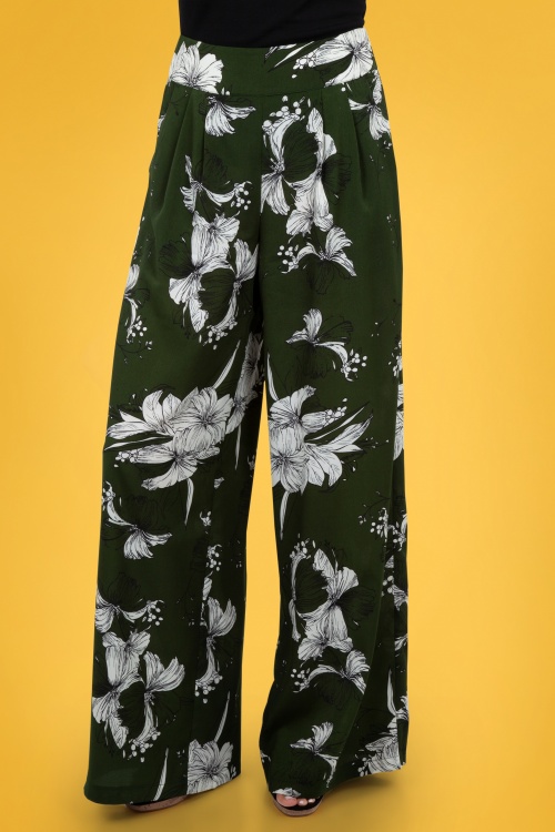 Vixen - 70s Stephanie Floral Palazzo Trousers in Moss Green 2