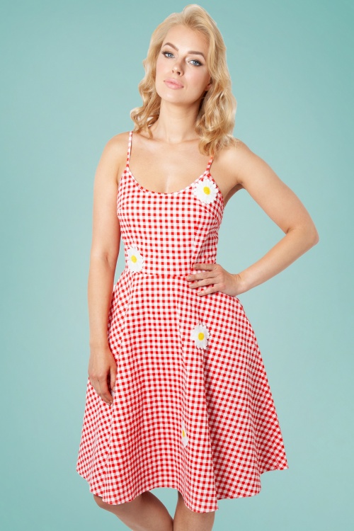 Vixen - 50s Dolly Gingham Flared Dress in Red 2
