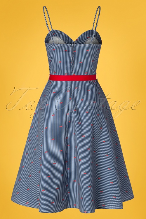 Vixen - Shelley Cherry and Stripes Ausgestelltes Kleid in Blau 4