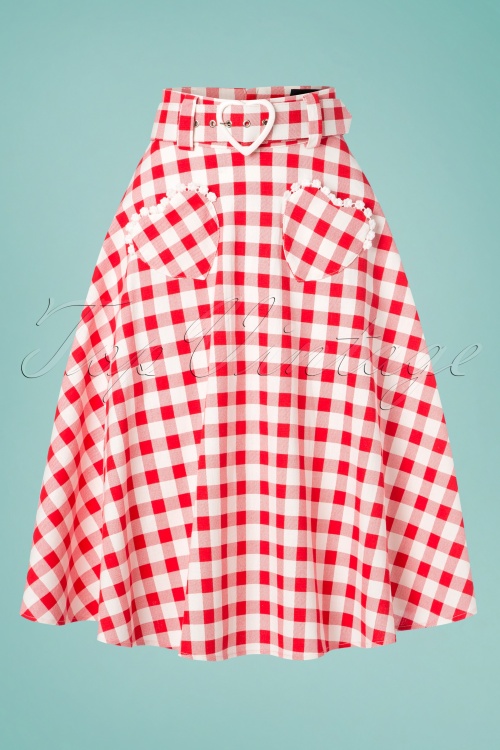 50s Violetta Hearts Gingham Swing Skirt In Red