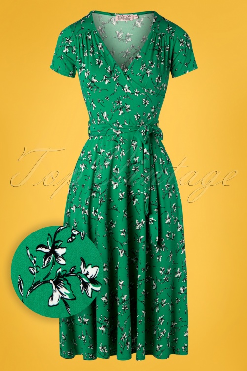 Vintage Chic for Topvintage - Faith gebloemde swingjurk in smaragdgroen 2