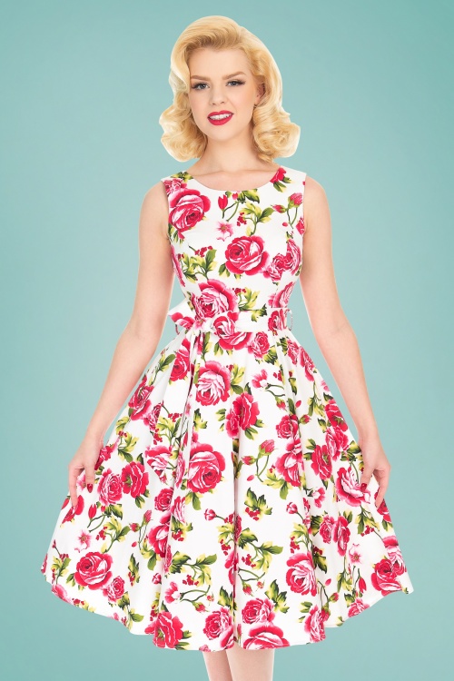 Hearts & Roses - 50s Sweet Rose Swing Dress in White