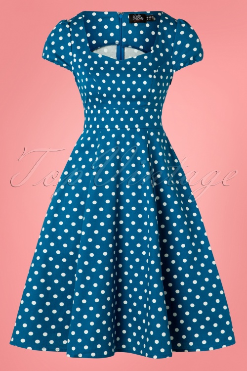 Dolly and Dotty - 50s Claudia Polkadot Swing Dress in Peacock Blue 2