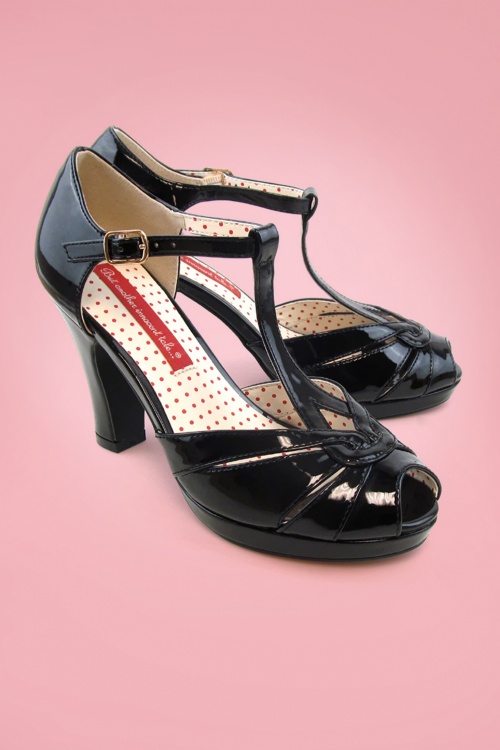 B.A.I.T. - 30s Lacey Art Deco T-Strap Pumps in Patent Black 