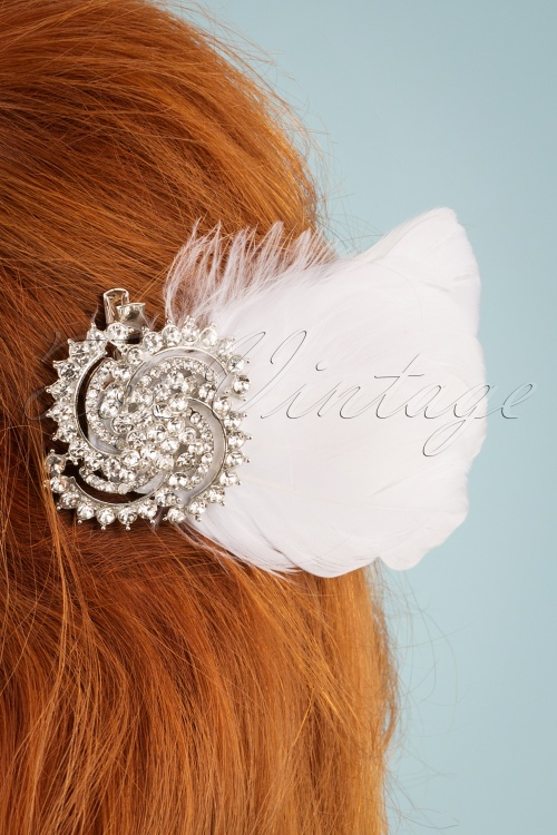 Unique Vintage - White Feather and Silver Crystal Brooch Hair Clip Années 20 2