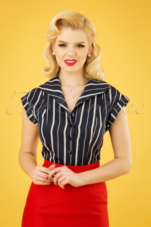 Banned Retro - 20s Deckchair Stripes Blouse in Navy and White