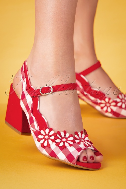 Ruby Shoo - Hera Checked Block Heel Sandals Années 60 en Rouge