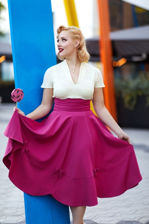 Miss Candyfloss - Verna Bows Swing Skirt Années 50 en Magenta