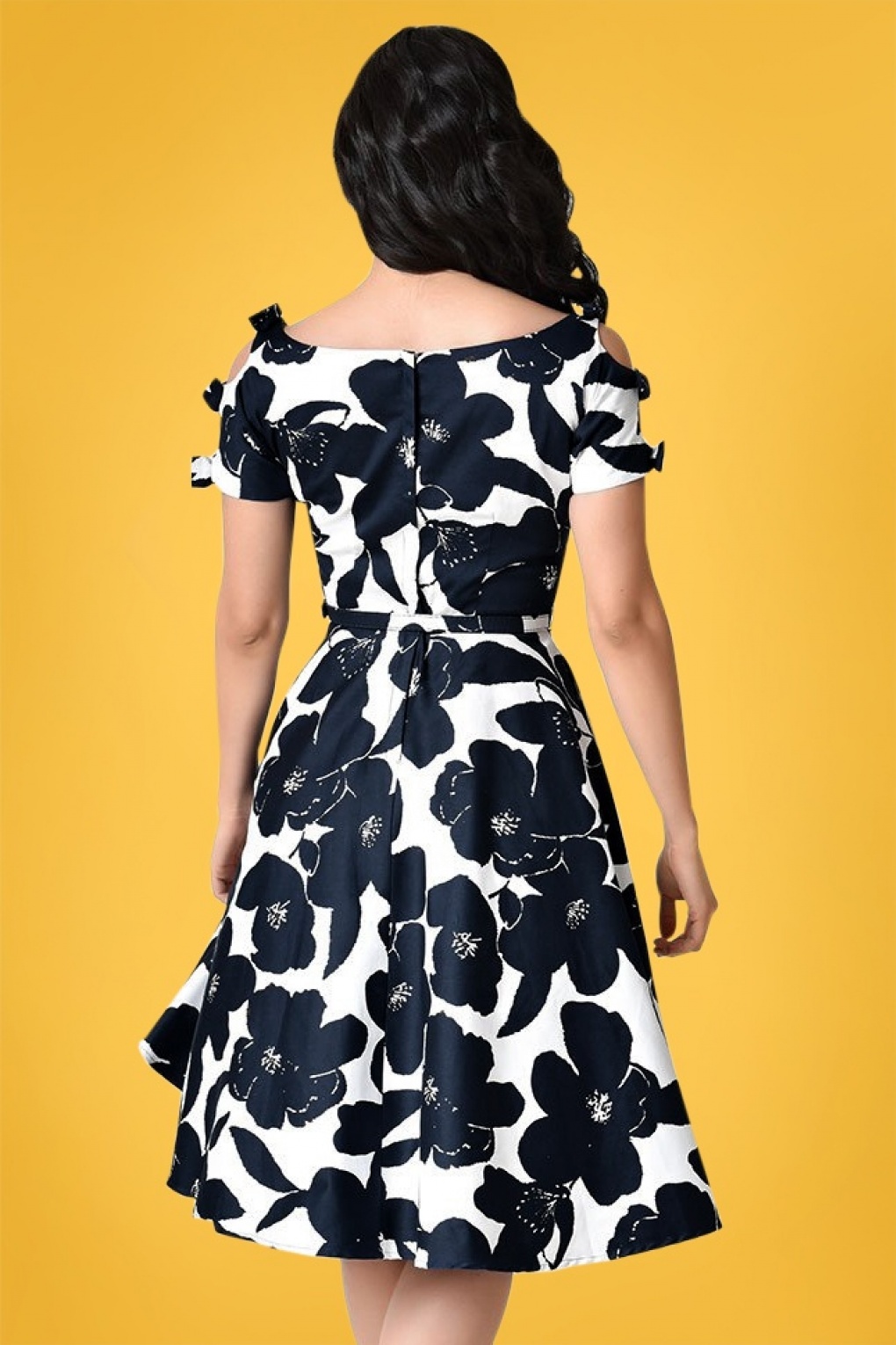 50s Selma Floral Bow Swing Dress In White And Navy