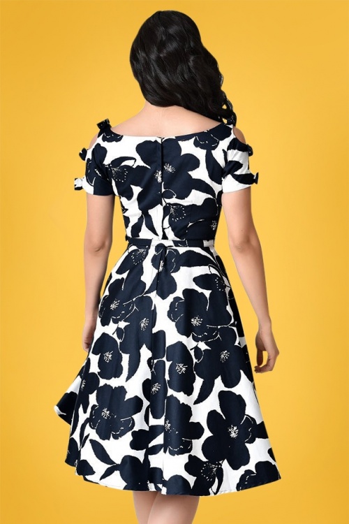Unique Vintage - 50s Selma Floral Bow Swing Dress in White and Navy 6