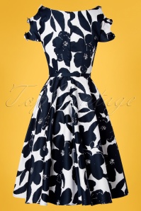 Unique Vintage - 50s Selma Floral Bow Swing Dress in White and Navy 7