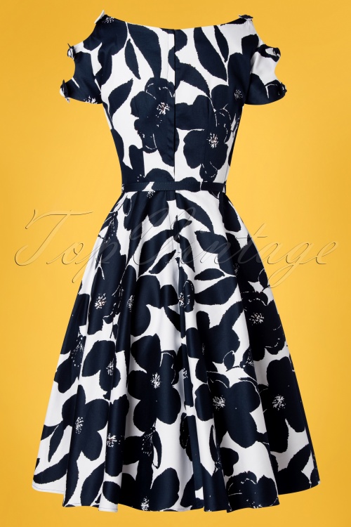Unique Vintage - 50s Selma Floral Bow Swing Dress in White and Navy 7