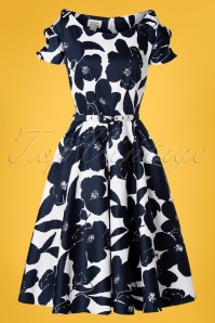 Unique Vintage - 50s Selma Floral Bow Swing Dress in White and Navy 2