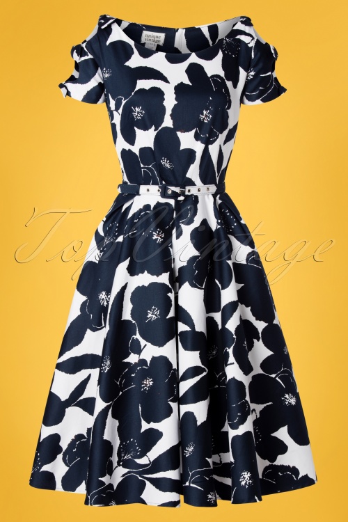 Unique Vintage - 50s Selma Floral Bow Swing Dress in White and Navy 2
