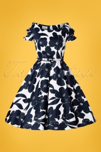 Unique Vintage - 50s Selma Floral Bow Swing Dress in White and Navy 3