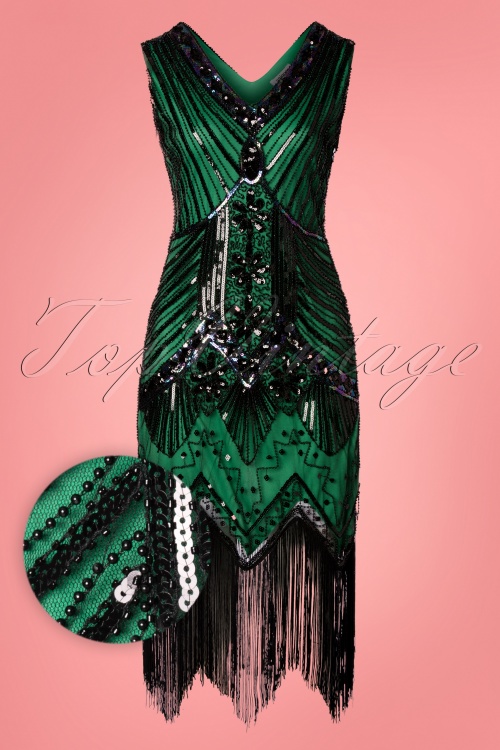 Unique Vintage - Veronique Flapper-Kleid mit Fransen in Metallic-Grün 3