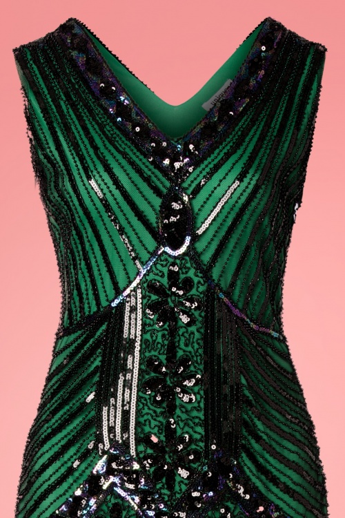 Unique Vintage - Veronique Flapper-Kleid mit Fransen in Metallic-Grün 5