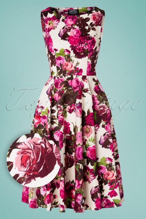 Hearts & Roses - Audrey Floral Swing Dress Années 50 en Crème 2