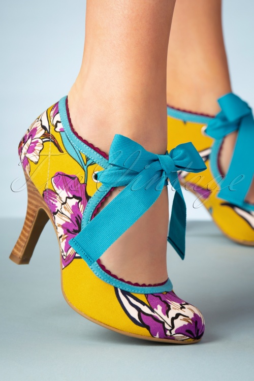 Ruby Shoo - 50s Willow Floral Pumps in Aqua and Mustard