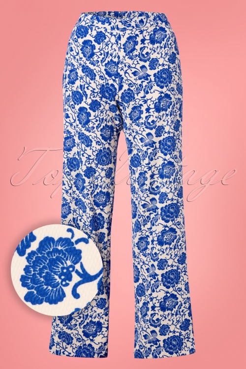 Wild Pony - 70s Donatella Floral Trousers in Cream and Blue