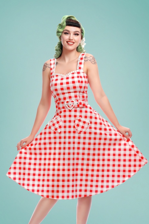 Collectif Clothing - Violetta Hearts gingham swingrok in rood 2