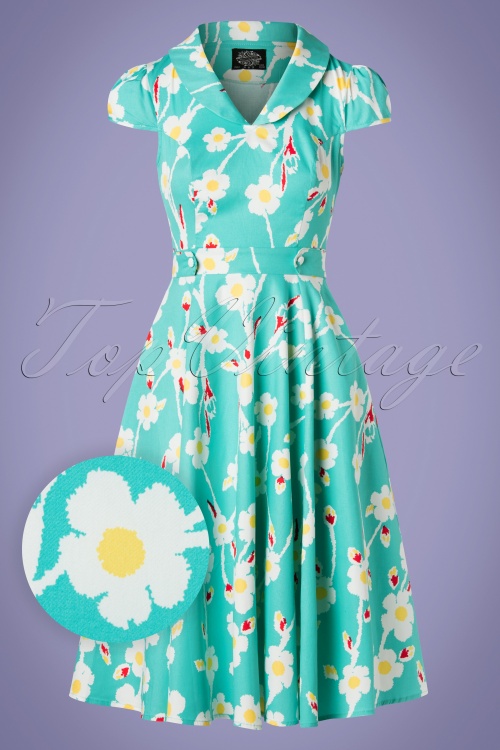 Hearts & Roses - 50s Nancy Floral Swing Dress in Turquoise 2