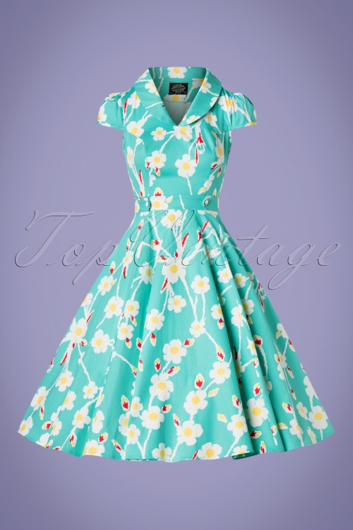 Hearts & Roses - 50s Nancy Floral Swing Dress in Turquoise 3
