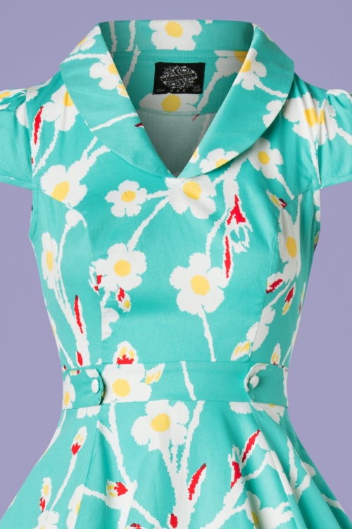 Hearts & Roses - 50s Nancy Floral Swing Dress in Turquoise 4
