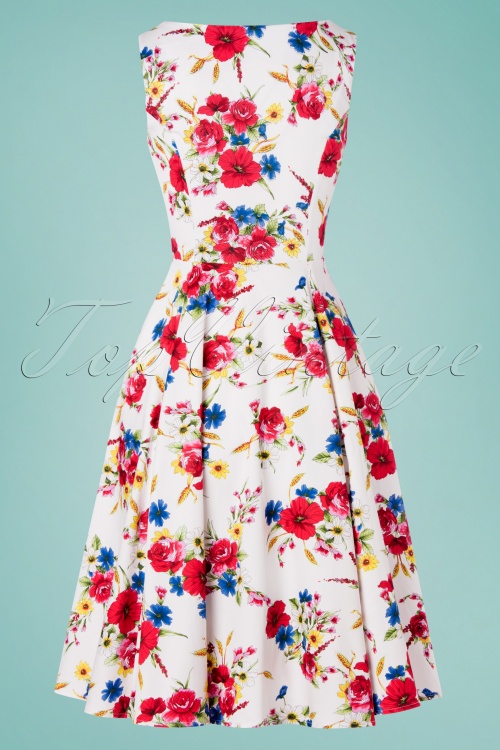 Hearts & Roses - Camellia Floral Swing Dress Années 50 en Blanc 4