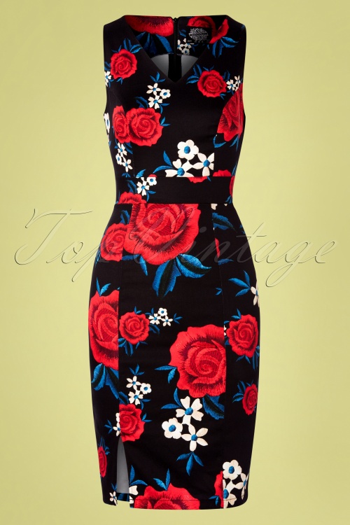 Hearts & Roses - Sylvia Floral Wiggle Dress Années 50 en Noir