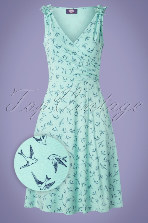 Topvintage Boutique Collection - De Janice Swallow-jurk in mint en marineblauw 2