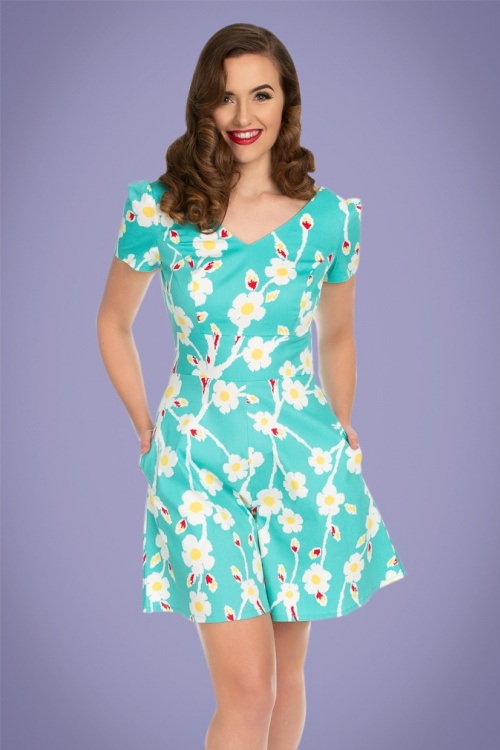 Hearts & Roses - 50s Fifi Floral Playsuit in Turquoise