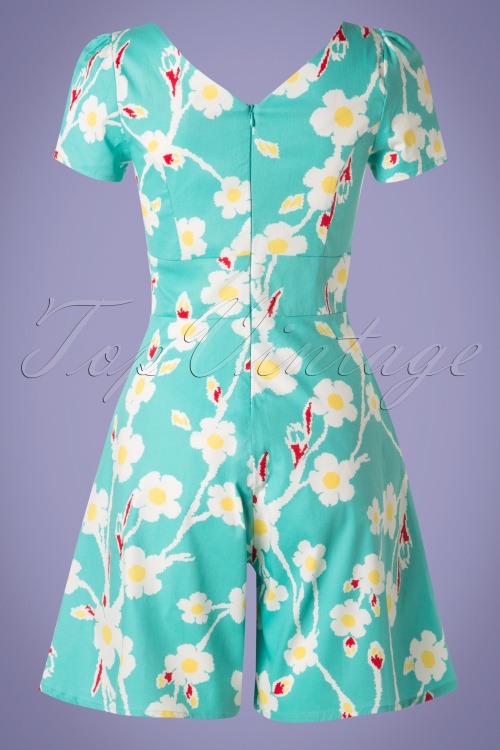 Hearts & Roses - 50s Fifi Floral Playsuit in Turquoise 6