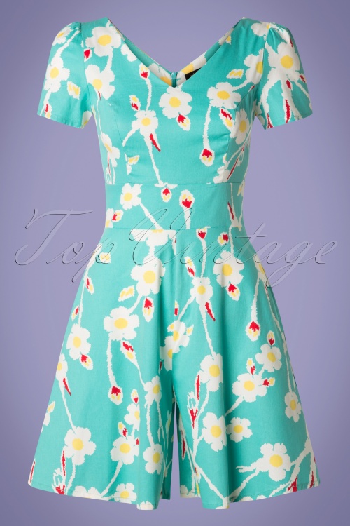 Hearts & Roses - 50s Fifi Floral Playsuit in Turquoise 2