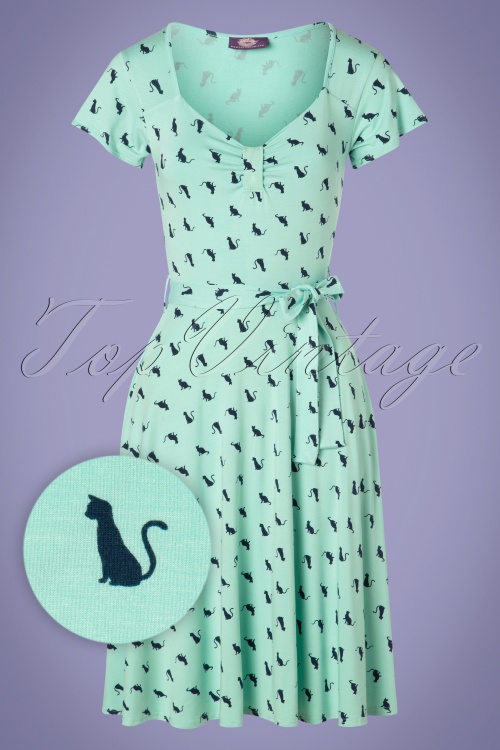 Topvintage Boutique Collection - The Frieda Cat Dress Années 50 en Menthe et Bleu Marine 2