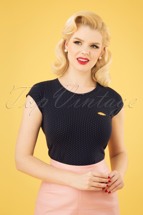 Mademoiselle YéYé - 60s Casual Elegance Top in Navy and White Dots