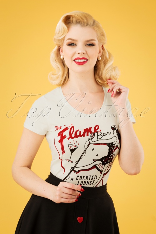 Queen Kerosin - The Flame Bar T-shirt  Années 50 en Blanc Cassé