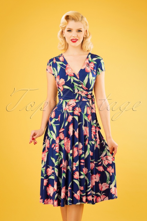 Vintage Chic for Topvintage - Layla gebloemde gekruiste jurk in koningsblauw 3