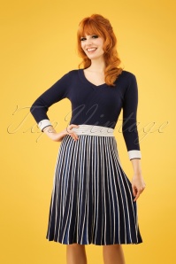 Yumi - 60s Michelle Knitted Pleated Stripes Dress in Blue