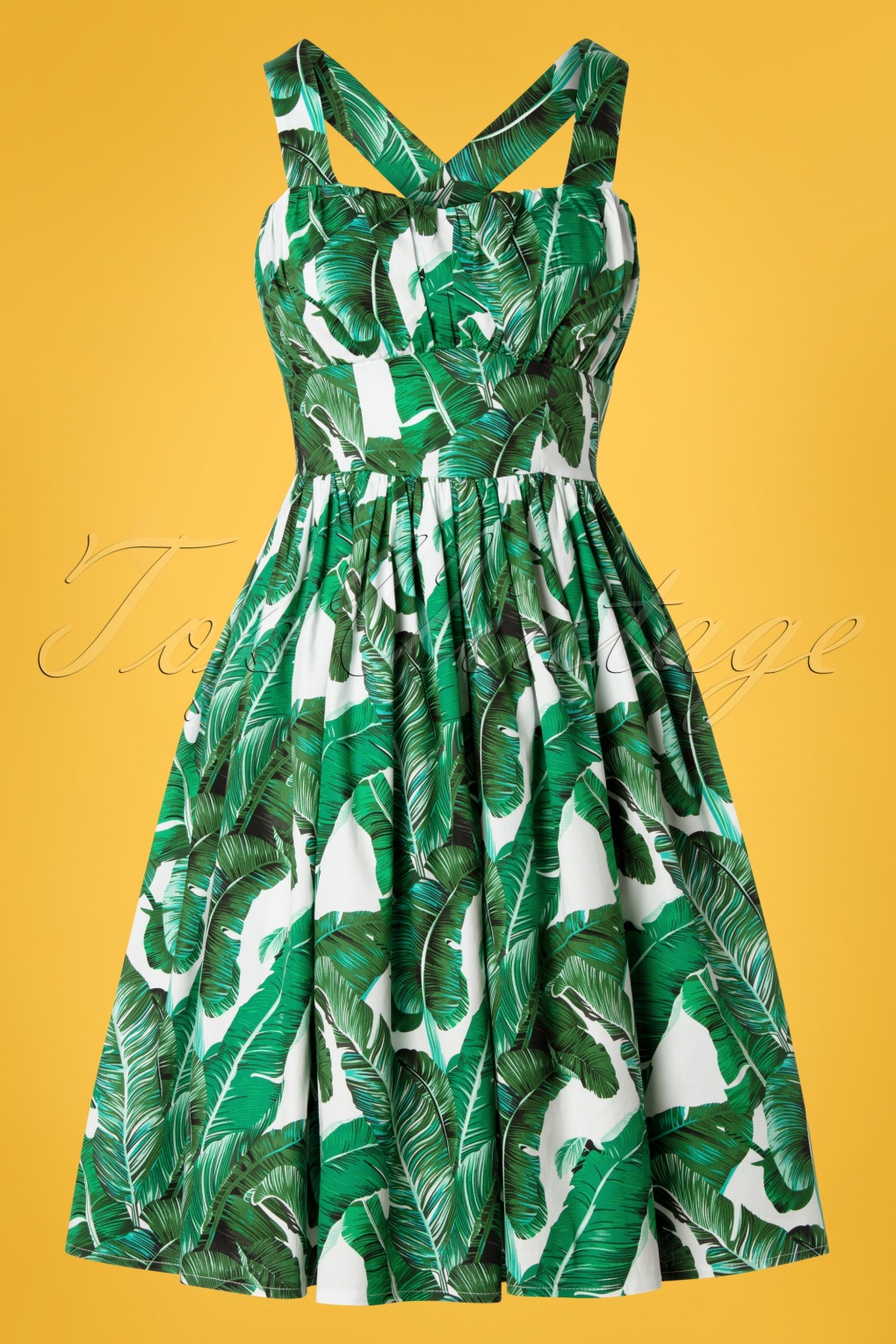 50s Tropical Leaf Swing Dress in Green