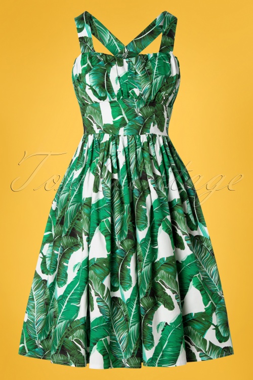 Banned Retro - Tropical Leaf Swing Dress Années 50 en Vert