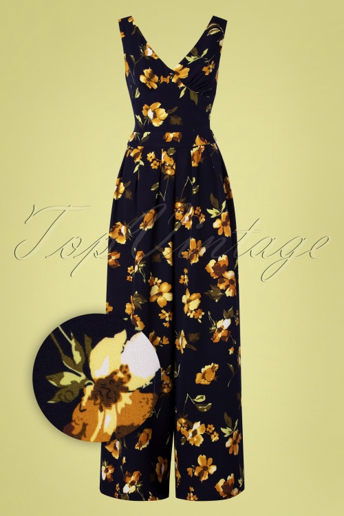 Vixen - 70s Andrea Floral Flared Jumpsuit in Navy