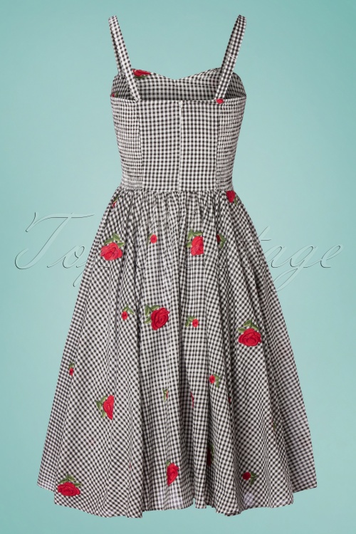 Unique Vintage - 50s Golightly Gingham Roses Swing Dress in Black and White 7