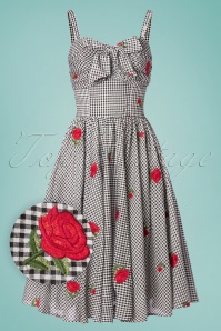 Unique Vintage - 50s Golightly Gingham Roses Swing Dress in Black and White 3