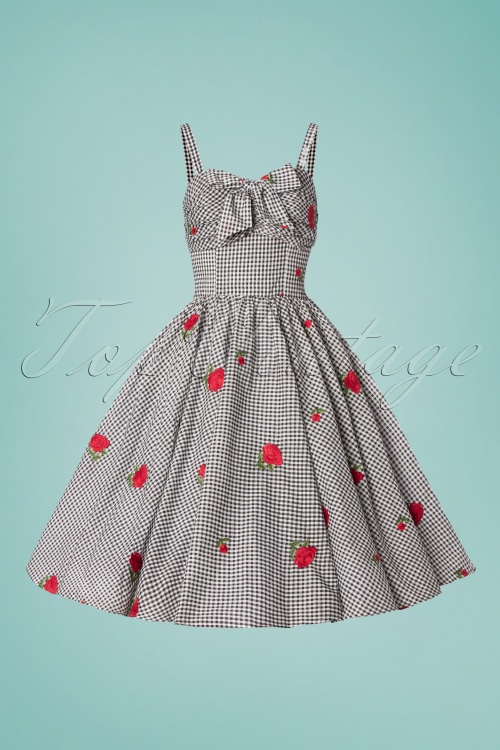 Unique Vintage - 50s Golightly Gingham Roses Swing Dress in Black and White 4