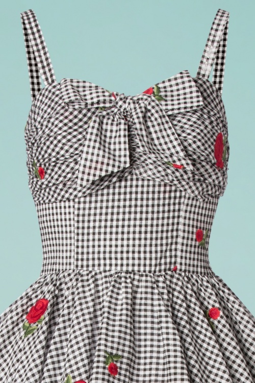 Unique Vintage - 50s Golightly Gingham Roses Swing Dress in Black and White 5